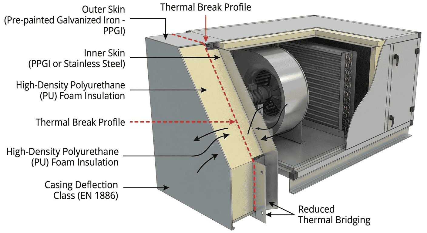 What materials and structural features are essential for a modern AHU casing's longevity and performance?